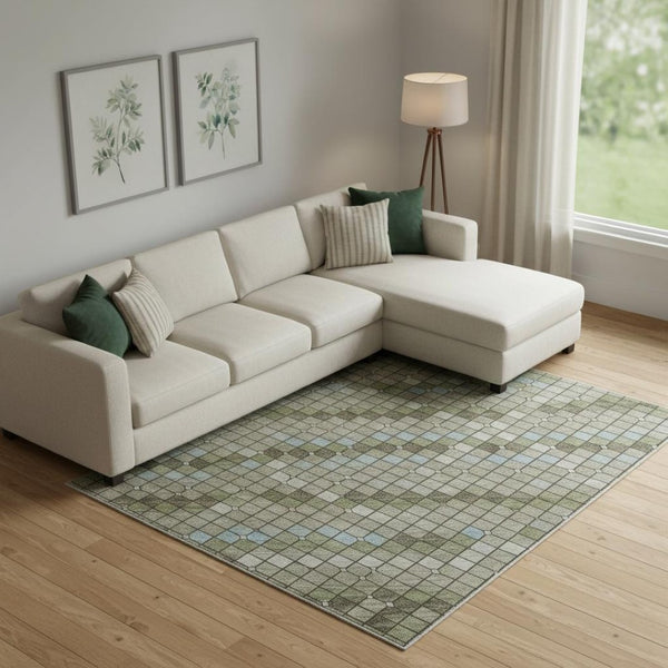 HomeRoots 9' X 12' Artichoke Green & Ivory Geometric Area Rug - Washable, UV-Protected, Durable for Homes 693677