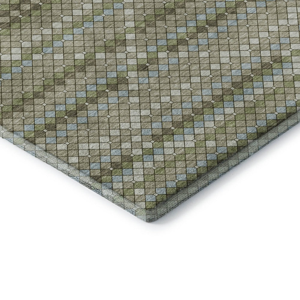 HomeRoots 9' X 12' Artichoke Green & Ivory Geometric Area Rug - Washable, UV-Protected, Durable for Homes 693677
