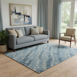 HomeRoots 5' X 8' Washable Denim Blue, Ivory & Teal Geometric Area Rug with UV Protection for Modern Spaces 693680