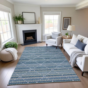 HomeRoots 5' X 8' Washable Denim Blue, Ivory & Teal Geometric Area Rug with UV Protection for Modern Spaces 693680