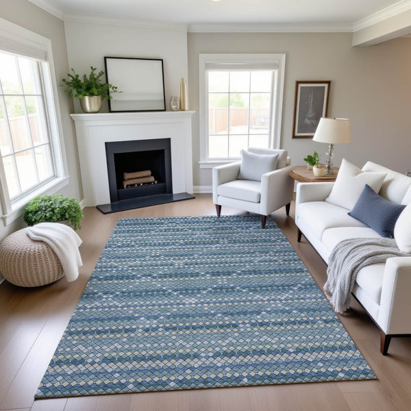 HomeRoots 5' X 8' Washable Denim Blue, Ivory & Teal Geometric Area Rug with UV Protection for Modern Spaces 693680