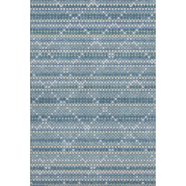 HomeRoots 5' X 8' Washable Denim Blue, Ivory & Teal Geometric Area Rug with UV Protection for Modern Spaces 693680