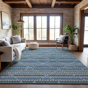 HomeRoots 5' X 8' Washable Denim Blue, Ivory & Teal Geometric Area Rug with UV Protection for Modern Spaces 693680