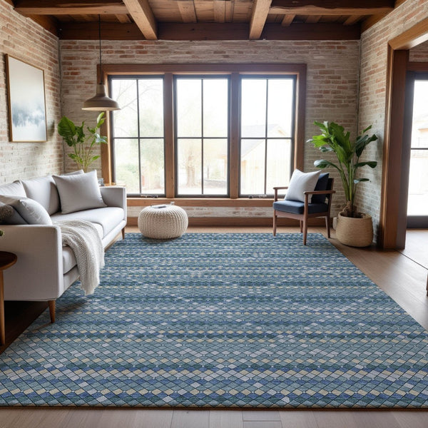 HomeRoots 5' X 8' Washable Denim Blue, Ivory & Teal Geometric Area Rug with UV Protection for Modern Spaces 693680