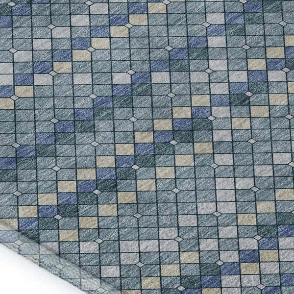 HomeRoots 5' X 8' Washable Denim Blue, Ivory & Teal Geometric Area Rug with UV Protection for Modern Spaces 693680