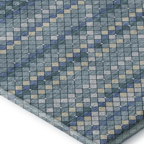 HomeRoots 5' X 8' Washable Denim Blue, Ivory & Teal Geometric Area Rug with UV Protection for Modern Spaces 693680