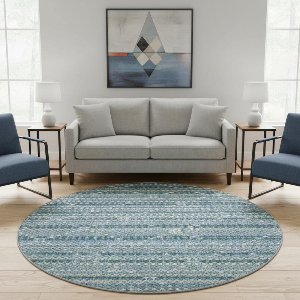 HomeRoots 8' Round Washable Rug in Denim Blue, Ivory & Teal - Durable, UV-Protected, Modern Geometric Design 693681