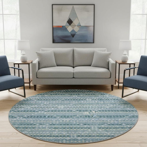 HomeRoots 8' Round Washable Rug in Denim Blue, Ivory & Teal - Durable, UV-Protected, Modern Geometric Design 693681