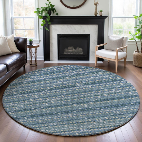 HomeRoots 8' Round Washable Rug in Denim Blue, Ivory & Teal - Durable, UV-Protected, Modern Geometric Design 693681