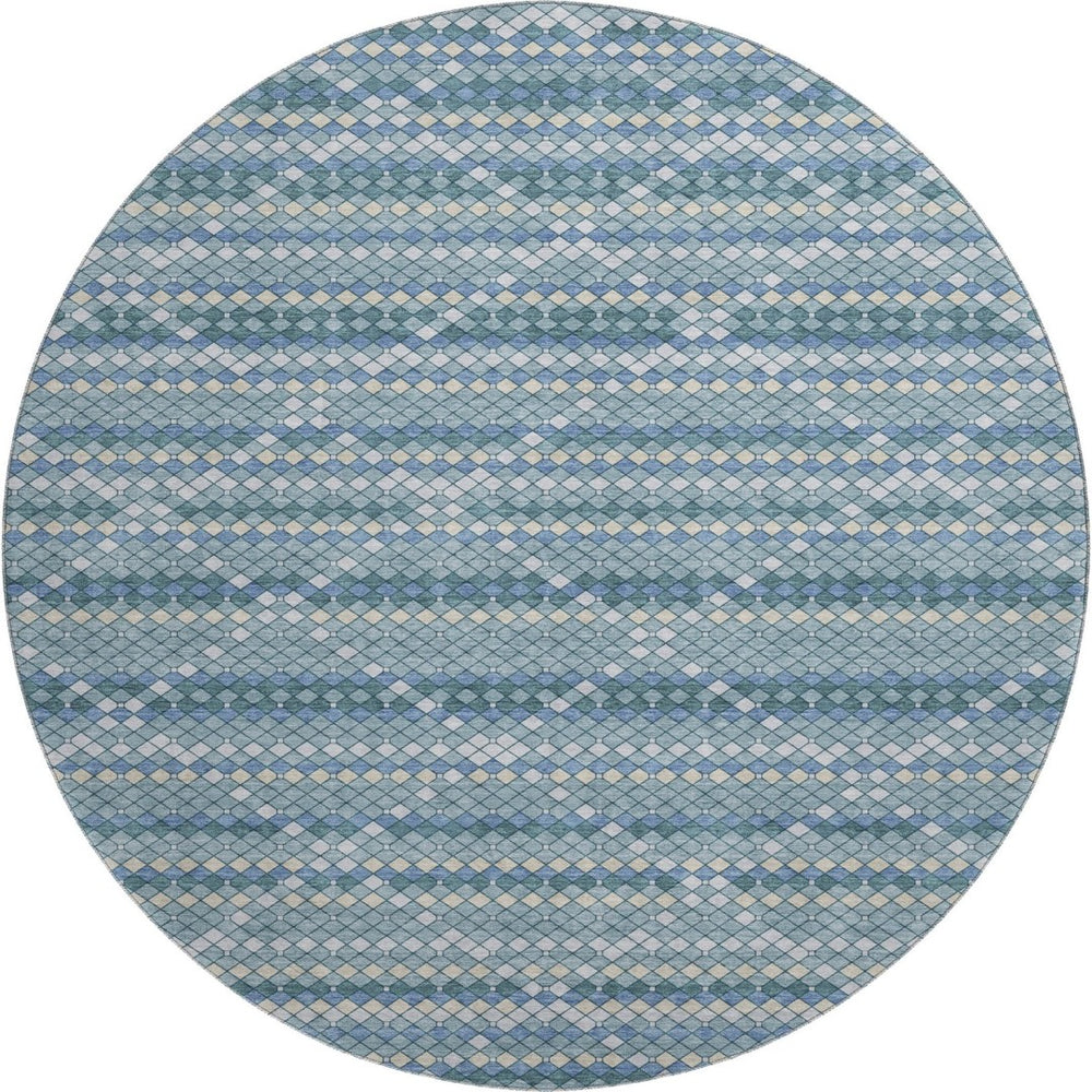 HomeRoots 8' Round Washable Rug in Denim Blue, Ivory & Teal - Durable, UV-Protected, Modern Geometric Design 693681