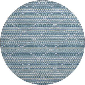 HomeRoots 8' Round Washable Rug in Denim Blue, Ivory & Teal - Durable, UV-Protected, Modern Geometric Design 693681