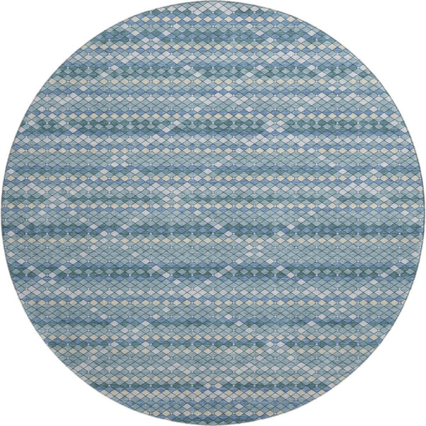 HomeRoots 8' Round Washable Rug in Denim Blue, Ivory & Teal - Durable, UV-Protected, Modern Geometric Design 693681