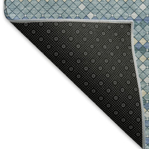 HomeRoots 8' Round Washable Rug in Denim Blue, Ivory & Teal - Durable, UV-Protected, Modern Geometric Design 693681