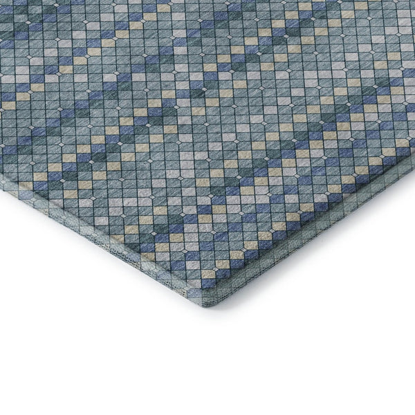 HomeRoots 8' Round Washable Rug in Denim Blue, Ivory & Teal - Durable, UV-Protected, Modern Geometric Design 693681