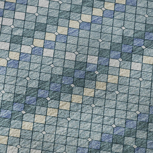 HomeRoots 8' Round Washable Rug in Denim Blue, Ivory & Teal - Durable, UV-Protected, Modern Geometric Design 693681