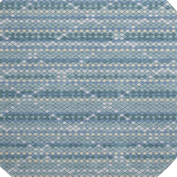 HomeRoots 8' Round Washable Rug in Denim Blue, Ivory & Teal - Durable, UV-Protected, Modern Geometric Design 693681