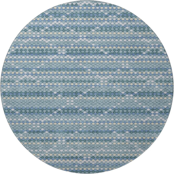HomeRoots 8' Round Washable Rug in Denim Blue, Ivory & Teal - Durable, UV-Protected, Modern Geometric Design 693681