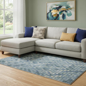 HomeRoots 8' Washable Denim Blue, Ivory & Teal Geometric Area Rug with UV Protection for High-Traffic Spaces 693682