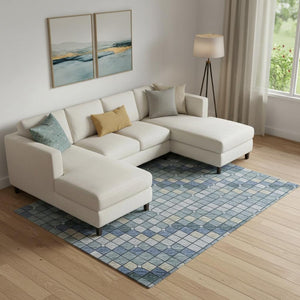 HomeRoots 9' X 12' Stylish Denim Blue, Ivory & Teal Geometric Washable Area Rug with UV Protection & Durability 693683
