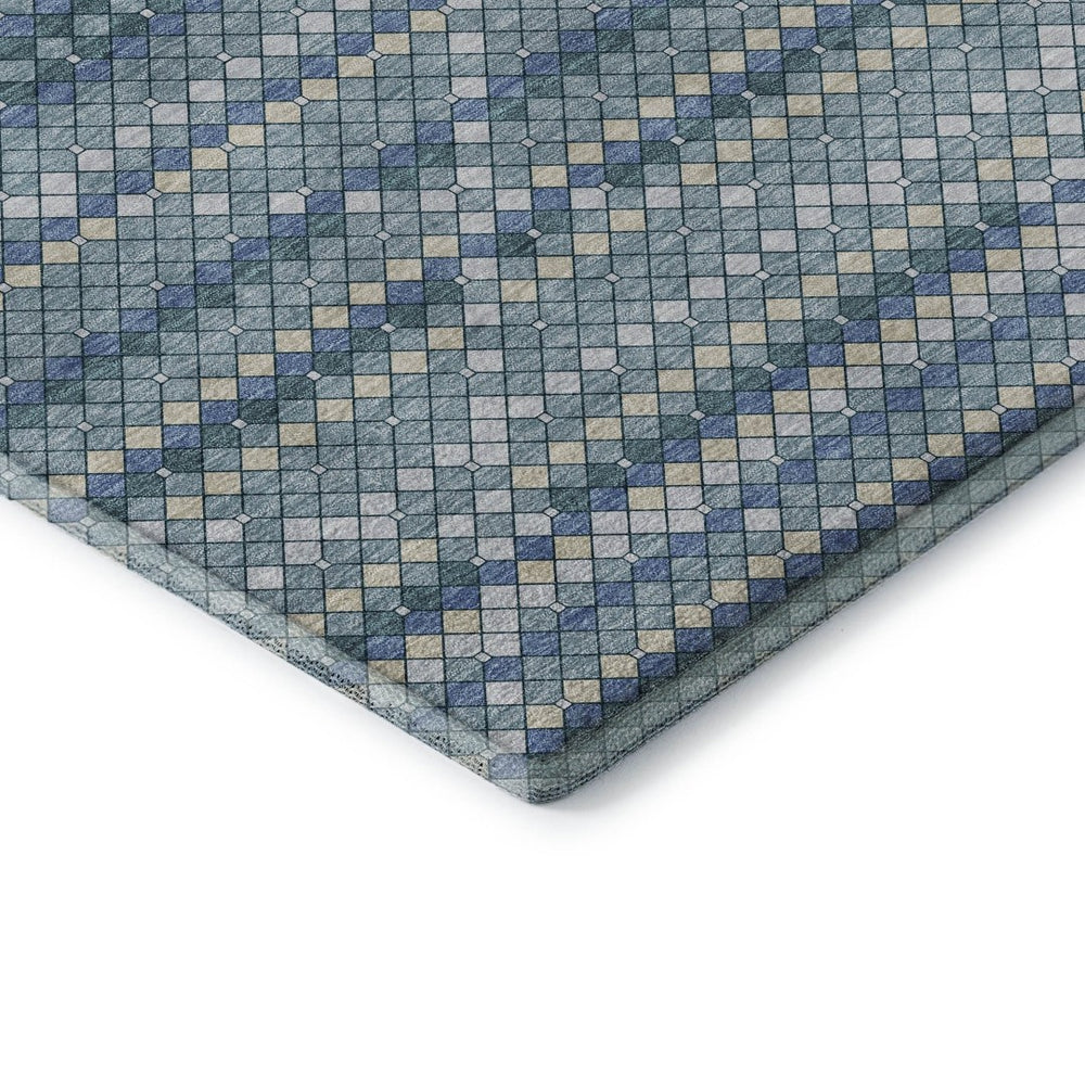 HomeRoots 9' X 12' Stylish Denim Blue, Ivory & Teal Geometric Washable Area Rug with UV Protection & Durability 693683