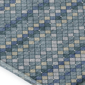 HomeRoots 9' X 12' Stylish Denim Blue, Ivory & Teal Geometric Washable Area Rug with UV Protection & Durability 693683