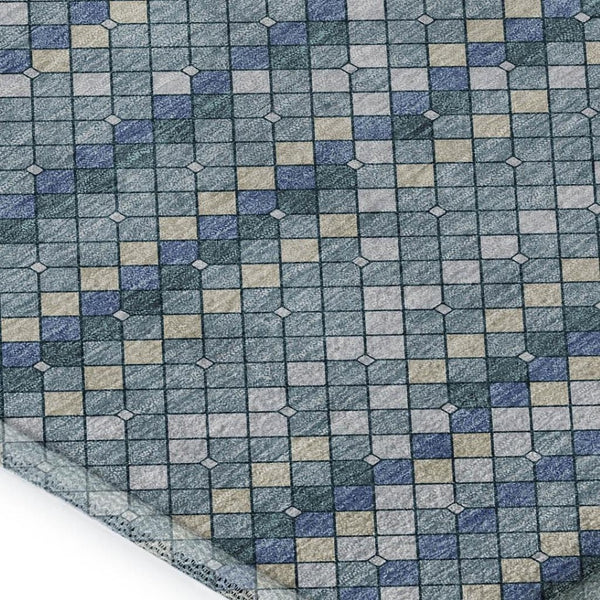 HomeRoots 9' X 12' Stylish Denim Blue, Ivory & Teal Geometric Washable Area Rug with UV Protection & Durability 693683