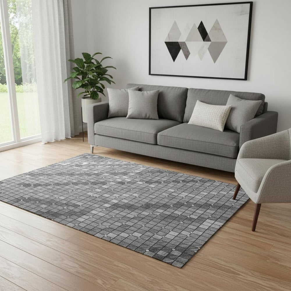 HomeRoots 5' Modern Gray Silver Charcoal Geometric Washable Area Rug – UV Protected, Non-Slip & Stain-Resistant 693686