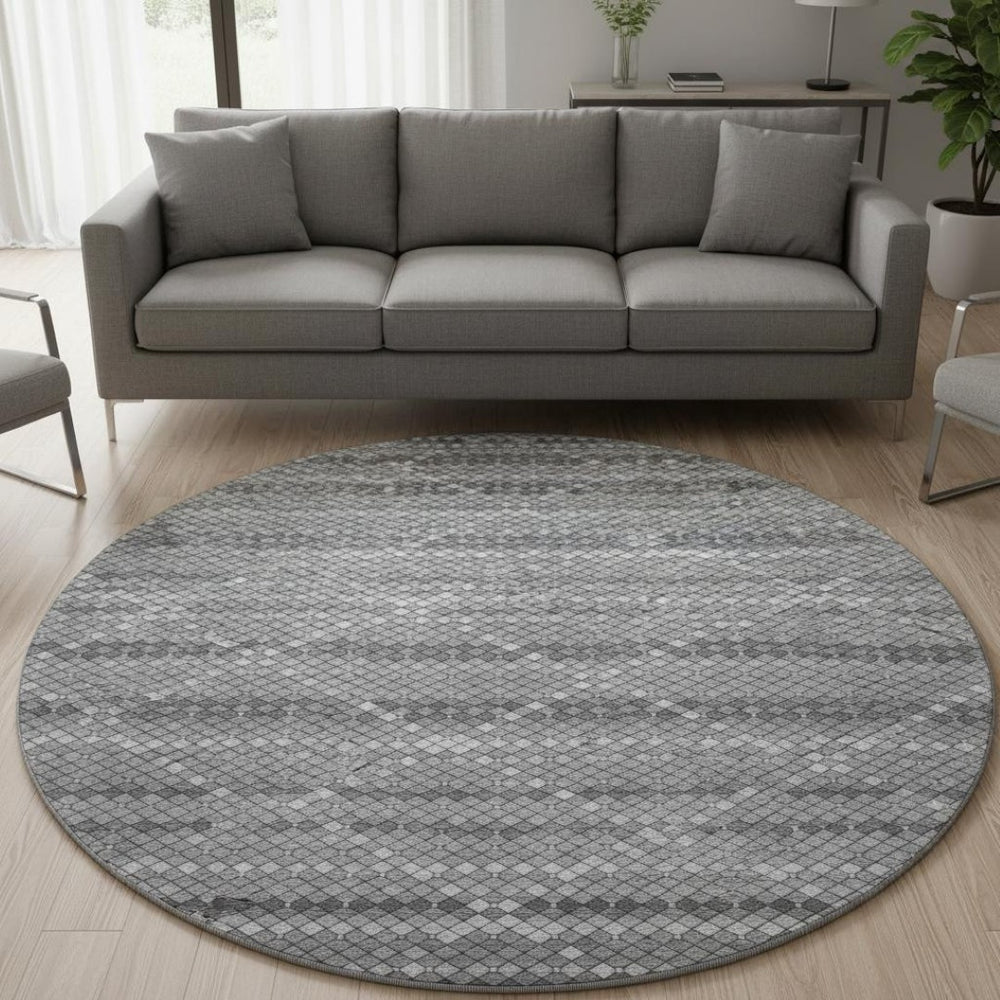 HomeRoots 8' X 8' Modern Gray Silver Charcoal Geometric Washable Round Rug with UV Protection & Durability 693687