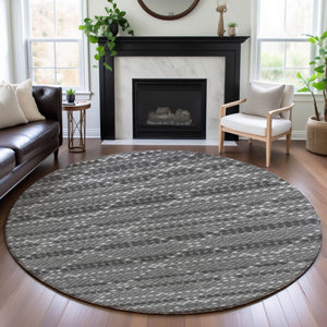 HomeRoots 8' X 8' Modern Gray Silver Charcoal Geometric Washable Round Rug with UV Protection & Durability 693687