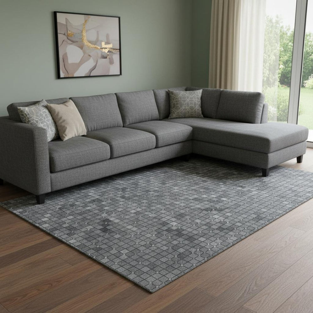 HomeRoots 8' Stylish Gray Silver Charcoal Geometric Washable Area Rug with UV Protection for Homes & Pets 693688