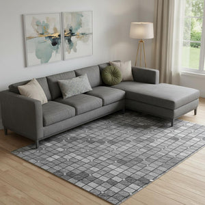 HomeRoots 9' X 12' Geometric Area Rug in Gray, Silver, Charcoal - Washable, UV-Protected, Durable Design 693689