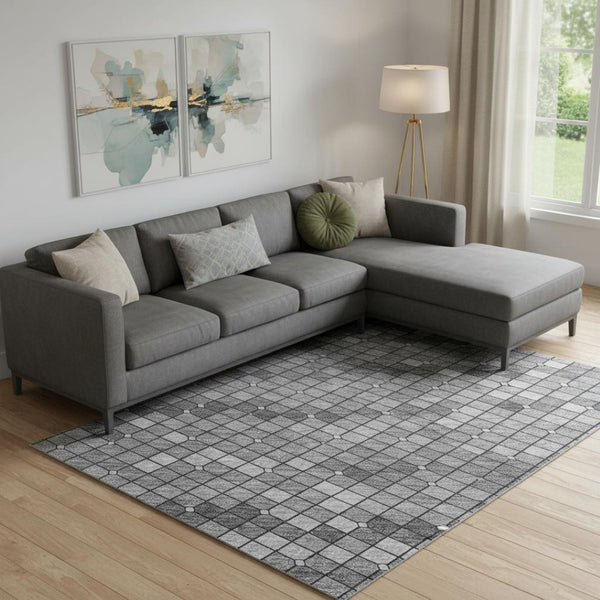 HomeRoots 9' X 12' Geometric Area Rug in Gray, Silver, Charcoal - Washable, UV-Protected, Durable Design 693689