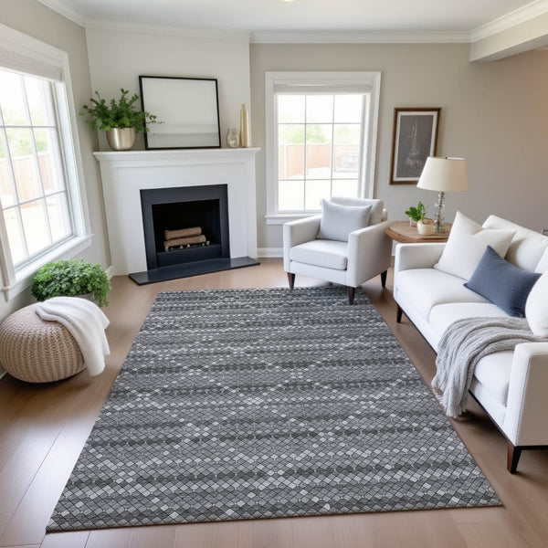 HomeRoots 9' X 12' Geometric Area Rug in Gray, Silver, Charcoal - Washable, UV-Protected, Durable Design 693689