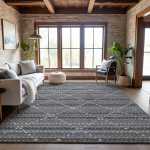 HomeRoots 9' X 12' Geometric Area Rug in Gray, Silver, Charcoal - Washable, UV-Protected, Durable Design 693689
