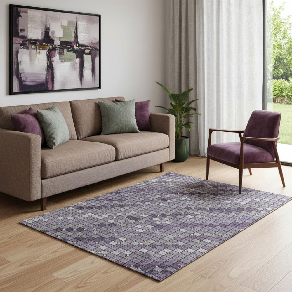 HomeRoots 5' X 8' Stylish Purple Gray Ivory Geometric Washable Area Rug with UV Protection for Homes 693692