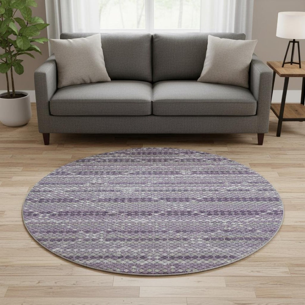 HomeRoots 8' X 8' Modern Purple Gray Ivory Geometric Washable Round Rug with UV Protection for High-Traffic Areas 693693