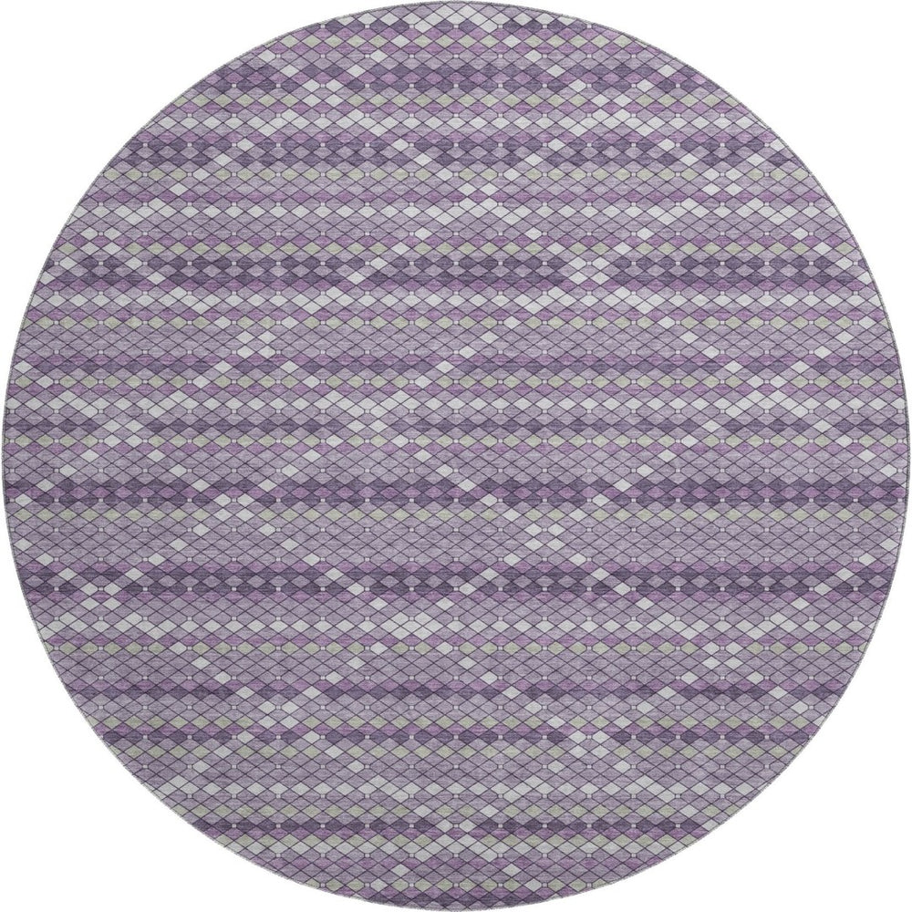 HomeRoots 8' X 8' Modern Purple Gray Ivory Geometric Washable Round Rug with UV Protection for High-Traffic Areas 693693