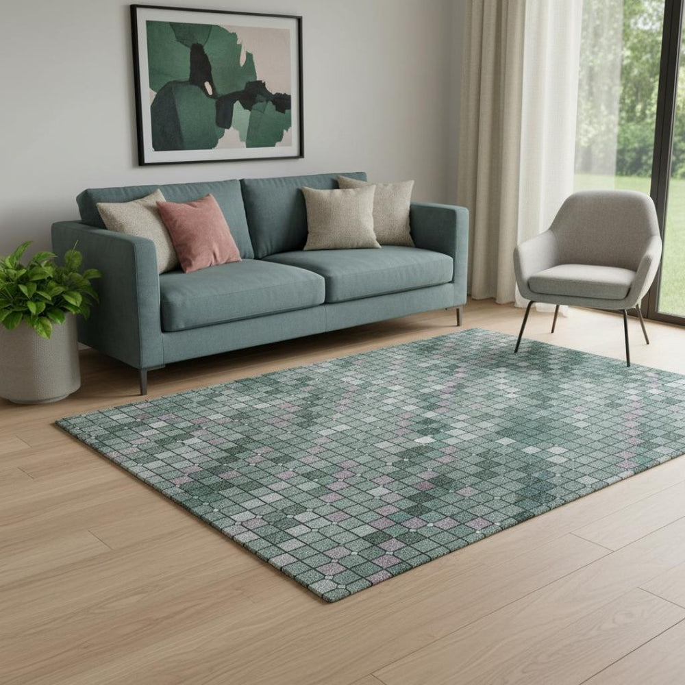 HomeRoots 5' X 8' Teal Ivory Lavender Geometric Area Rug - Washable, UV Protected, Perfect for Kids & Pets 693698