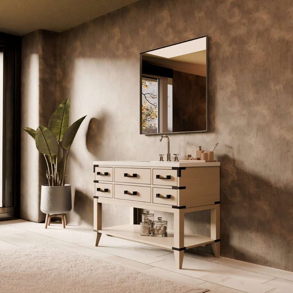 English Elm White Oak Single Bath Vanity Set With White Quartz Top, 46-Inch Mirror, And Ample Storage Solutions B2731S01526-GIGA