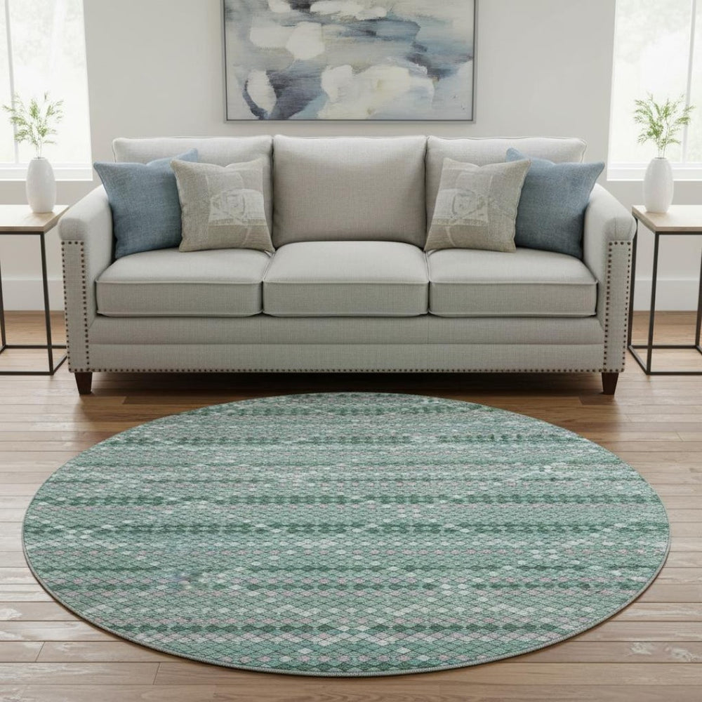 HomeRoots 8' X 8' Geometric Washable Round Rug in Teal, Ivory & Lavender - UV Protected for Indoor/Outdoor Use 693699