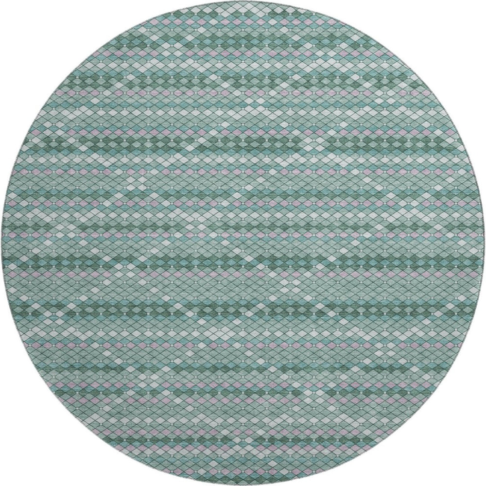 HomeRoots 8' X 8' Geometric Washable Round Rug in Teal, Ivory & Lavender - UV Protected for Indoor/Outdoor Use 693699