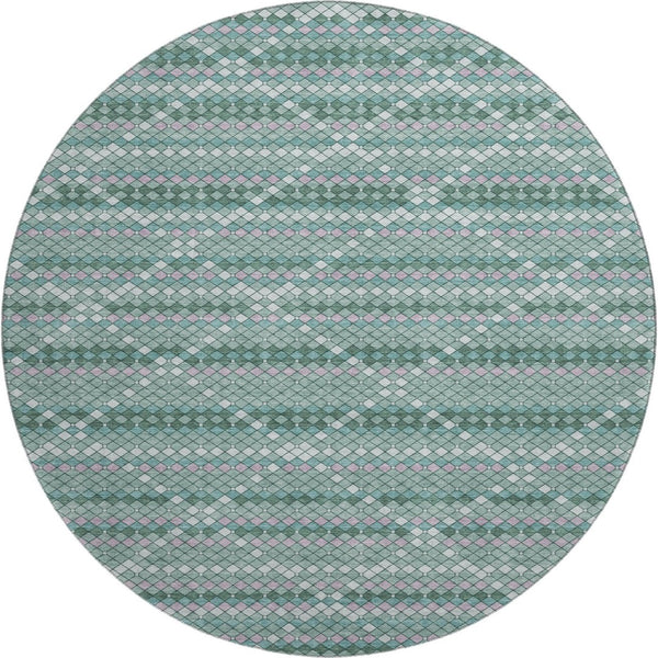 HomeRoots 8' X 8' Geometric Washable Round Rug in Teal, Ivory & Lavender - UV Protected for Indoor/Outdoor Use 693699