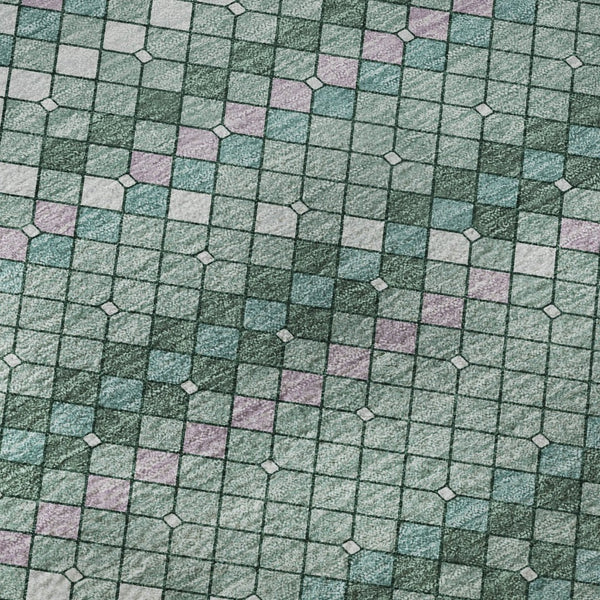 HomeRoots 8' X 8' Geometric Washable Round Rug in Teal, Ivory & Lavender - UV Protected for Indoor/Outdoor Use 693699