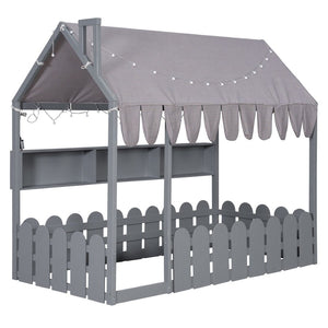 English Elm {slats Are Not Included} Twin Montessori House Floor Bed Kids Tent Lights Shelves Pinewood Frame Gray N708P407962E