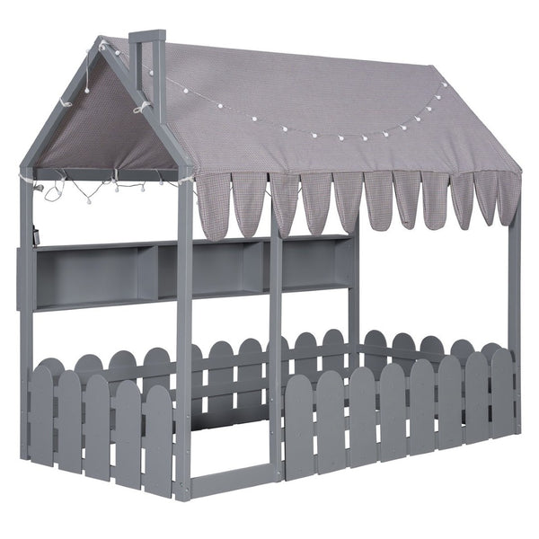English Elm {slats Are Not Included} Twin Montessori House Floor Bed Kids Tent Lights Shelves Pinewood Frame Gray N708P407962E