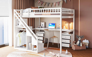 English Elm Full Size Loft Bed with Desk Drawers Led Strip and Staircase for Teen Rooms White LT000258AAK-1