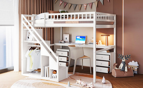 English Elm Full Size Loft Bed with Desk Drawers Led Strip and Staircase for Teen Rooms White LT000258AAK-1