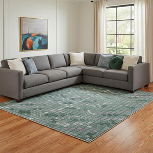 HomeRoots 8' Washable Teal, Ivory & Lavender Geometric Area Rug with UV Protection for Modern Living Spaces 693700