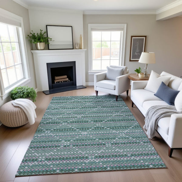HomeRoots 8' Washable Teal, Ivory & Lavender Geometric Area Rug with UV Protection for Modern Living Spaces 693700