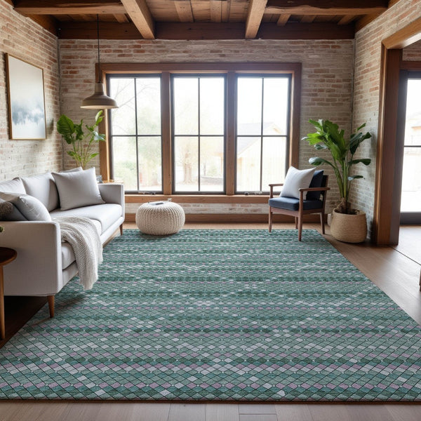 HomeRoots 8' Washable Teal, Ivory & Lavender Geometric Area Rug with UV Protection for Modern Living Spaces 693700